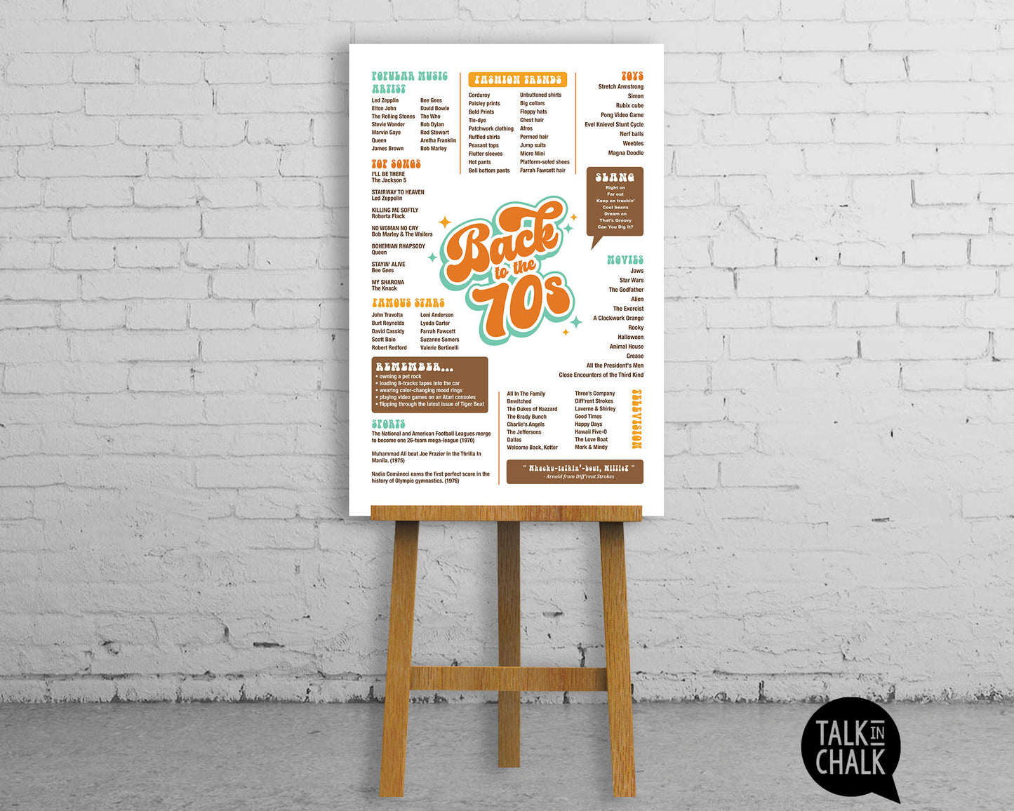 Back to the 70s Printable Poster, Printer-friendly Seventies themed Party Decor