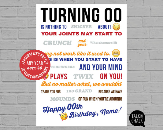 PERSONALIZED Name and Age Candy Gram PRINTABLE for Over the Hill Birthday, DIY Birthday Candy Poster