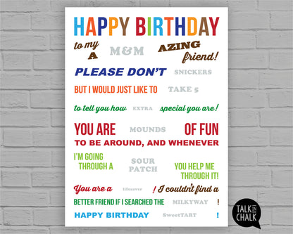 Happy Birthday Friend Candy Gram PRINTABLE 18x24 Poster,  Fun Birthday Gift Idea for Friend