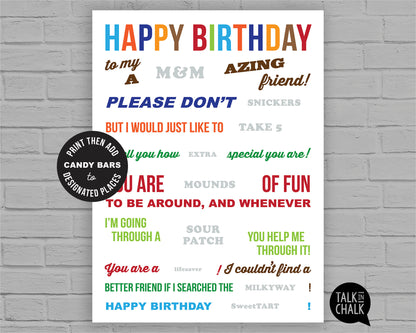 Happy Birthday Friend Candy Gram PRINTABLE 18x24 Poster | Fun Birthday Gift Idea for Friend