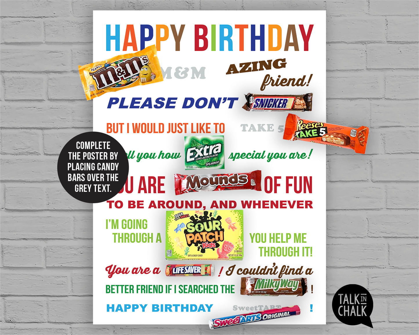 Happy Birthday Friend Candy Gram PRINTABLE 18x24 Poster | Fun Birthday Gift Idea for Friend
