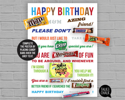 Happy Birthday Friend Candy Gram PRINTABLE 18x24 Poster | Fun Birthday Gift Idea for Friend