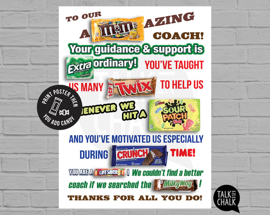 Sports Coach Candy Gram PRINTABLE, 18x24 Poster Size, Coach Gift, End of the Season, Soccer, Basketball