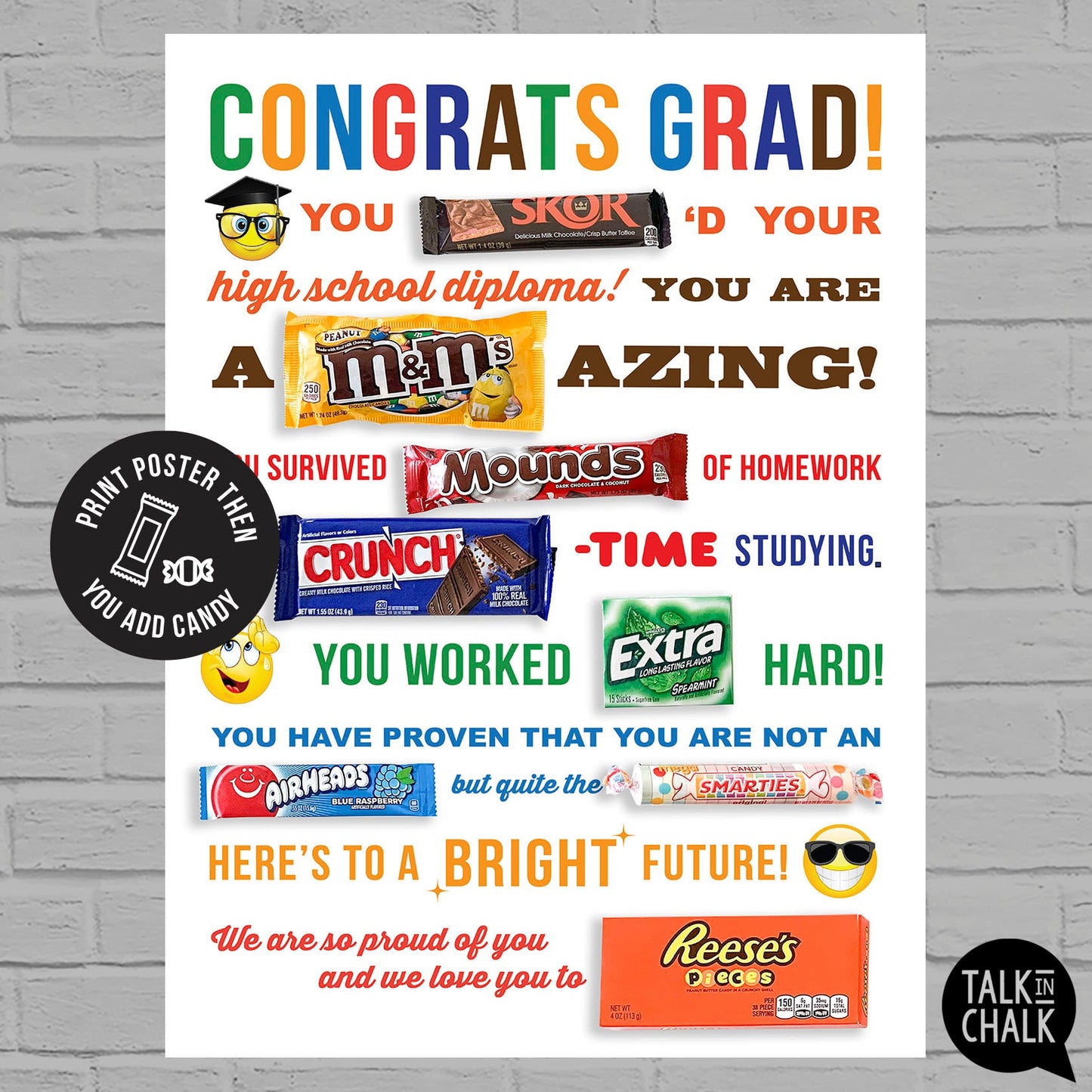 Congrats Grad Candy Gram Printable 18x24 Poster, DIY Congratulations Card for Son, Daughter