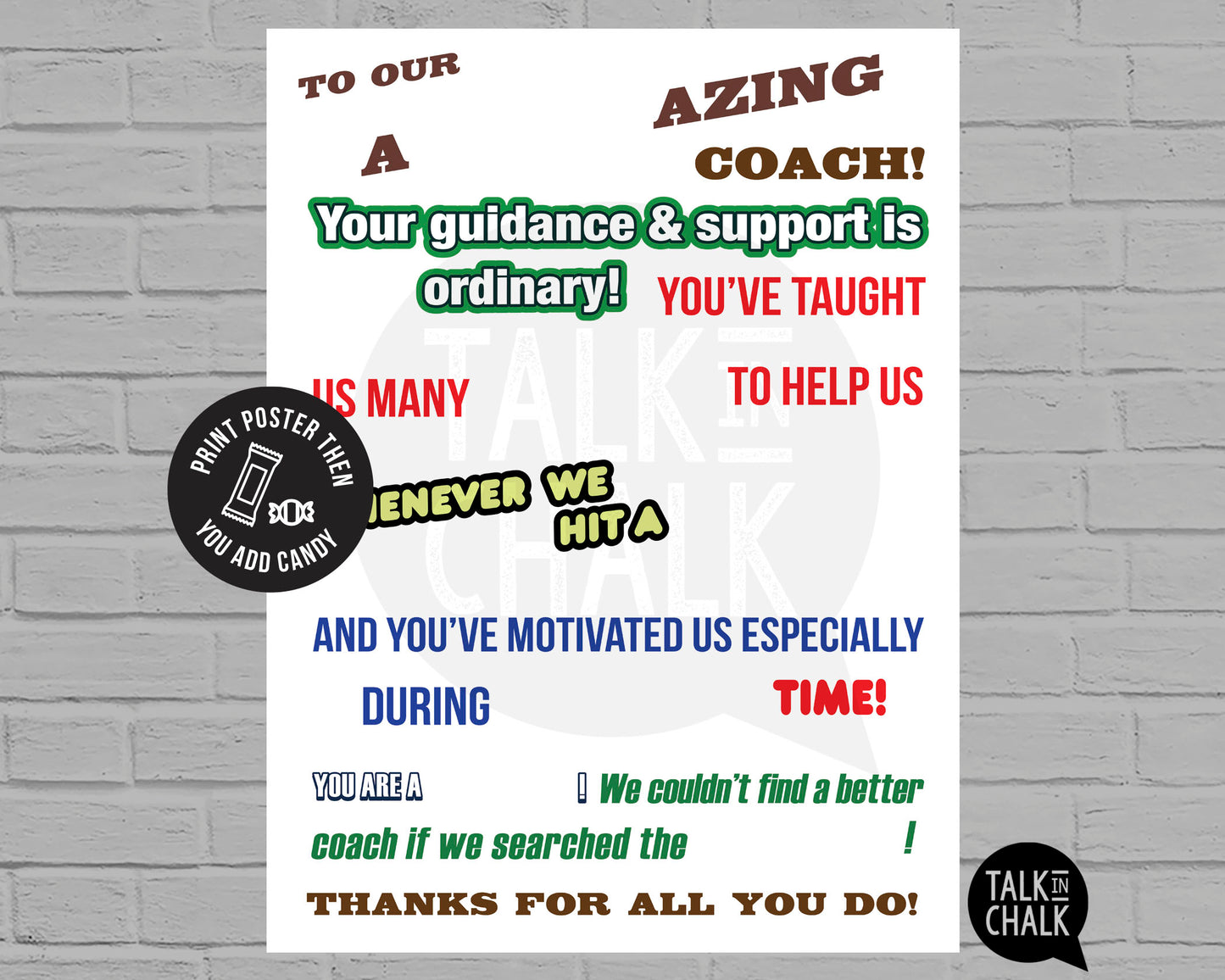 Sports Coach Candy Gram PRINTABLE, 18x24 Poster Size, Coach Gift, End of the Season, Soccer, Basketball