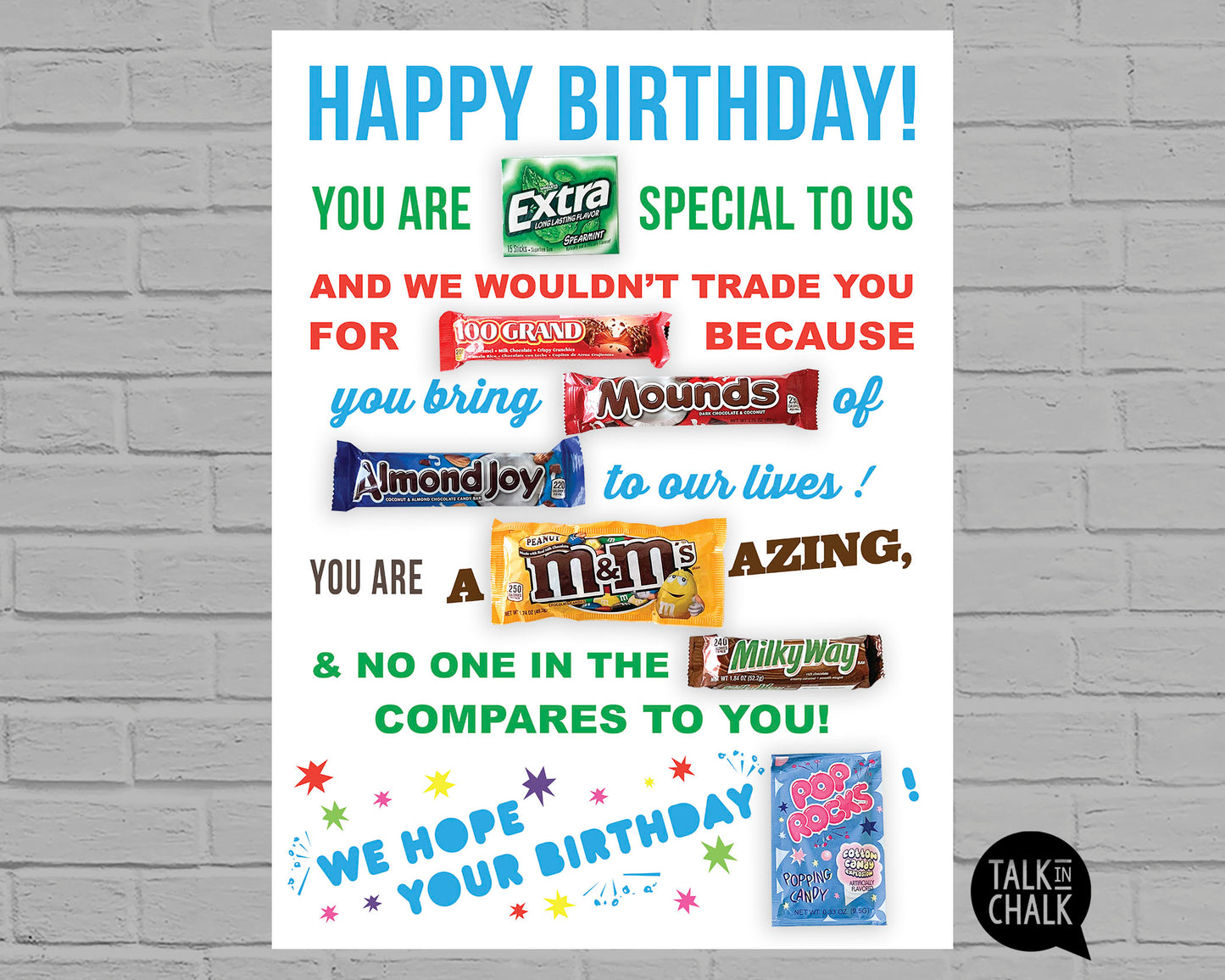 Happy Birthday Candy Gram Printable 18x24 Poster,  Fun Birthday Gift Idea for Loved One