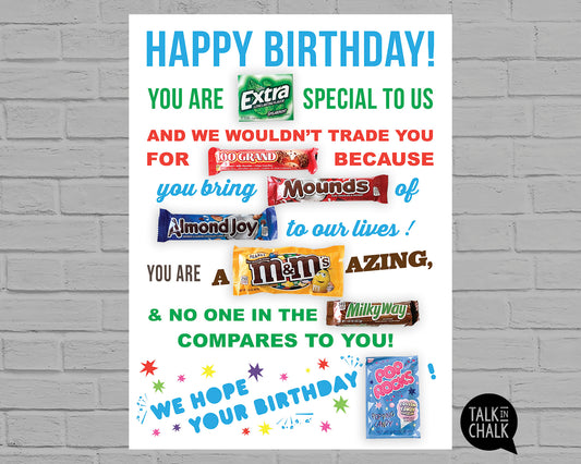 Happy Birthday Candy Gram Printable 18x24 Poster,  Fun Birthday Gift Idea for Loved One