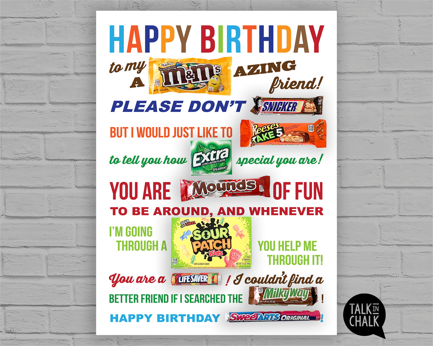 Happy Birthday Friend Candy Gram PRINTABLE 18x24 Poster,  Fun Birthday Gift Idea for Friend