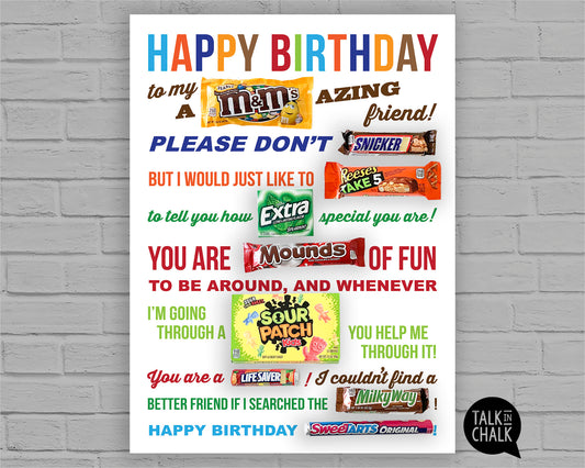 Happy Birthday Friend Candy Gram PRINTABLE 18x24 Poster,  Fun Birthday Gift Idea for Friend