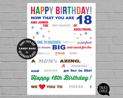 18th Birthday Candy Gram PRINTABLE Poster, DIY Birthday Candy Poster for Son, Daughter