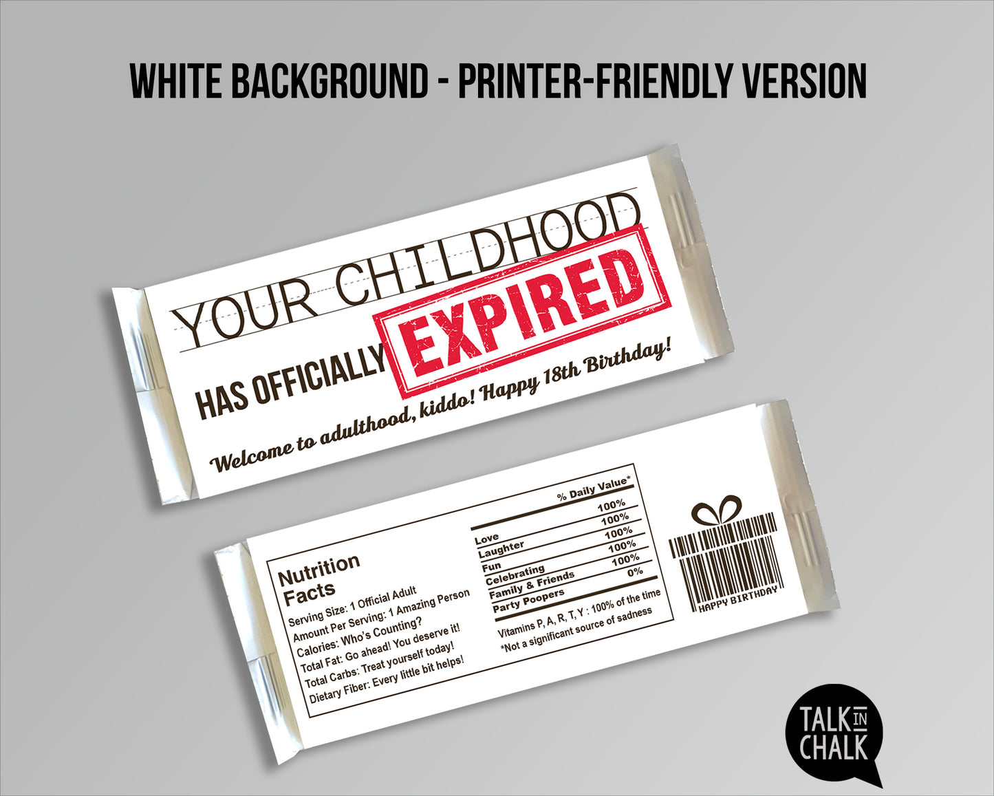 Funny 18th Birthday Printable Wrapper for Chocolate Candy Bar, Birthday Card Alternative