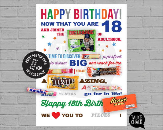 18th Birthday Candy Gram PRINTABLE Poster, DIY Birthday Candy Poster for Son, Daughter