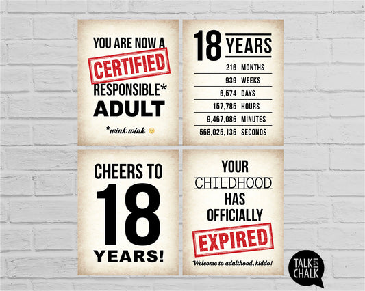 18th Birthday PRINTABLE Sign Pack - Set of 4 Signs, Instant Download