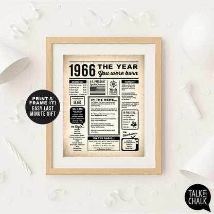 1966 The Year You Were Born Newspaper Printable, Last Minute 60th Birthday Gift Idea