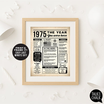 1975 The Year You Were Born Newspaper Printable, Last Minute Birthday Gift Idea