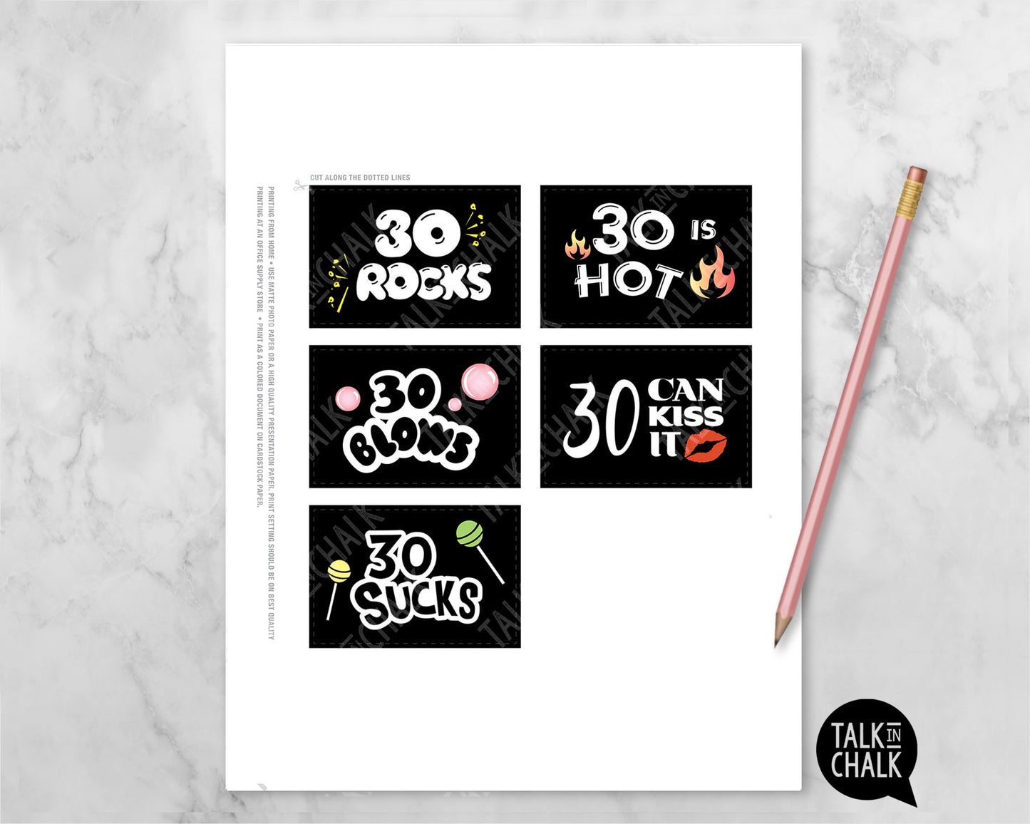 Funny 30th Birthday PRINTABLE Mini Signs, 30 Sucks, 30 Can Kiss it, 30 is Hot, 30 Rocks, Candy Signs