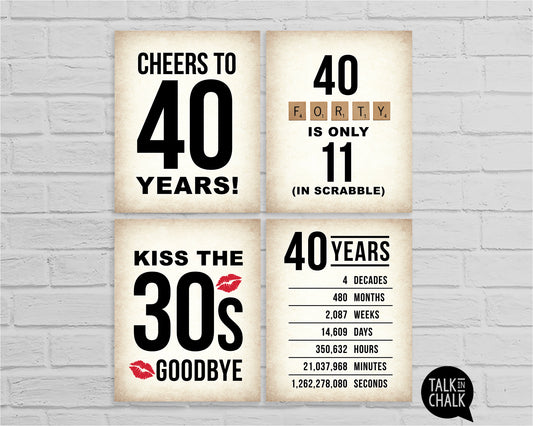 40th Birthday PRINTABLE Sign Pack - Set of 4 Signs, Instant Download