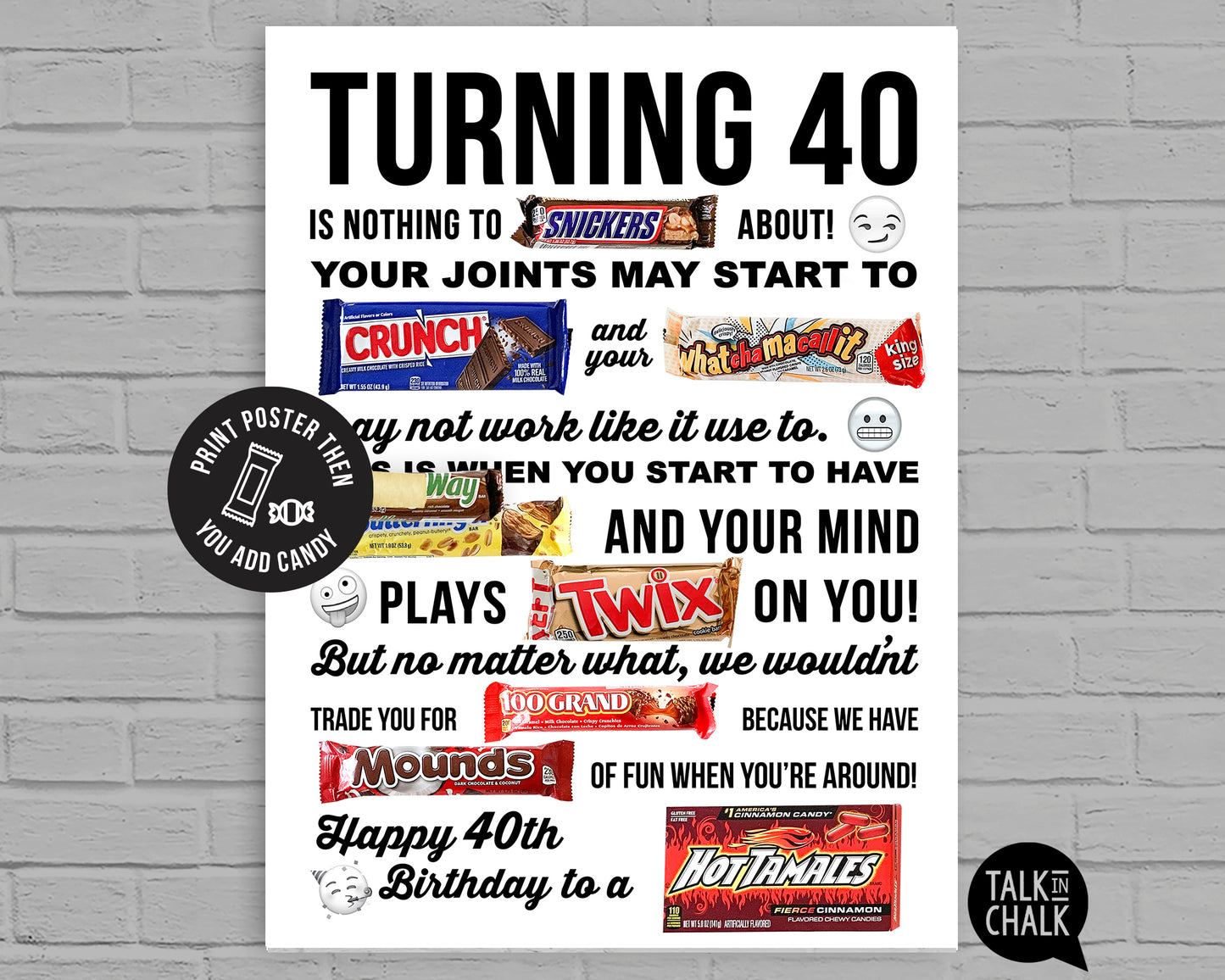 Funny 40th Birthday Candy Poster | Turning 40 Candygram Printable | Born in 1986 Gag Gift