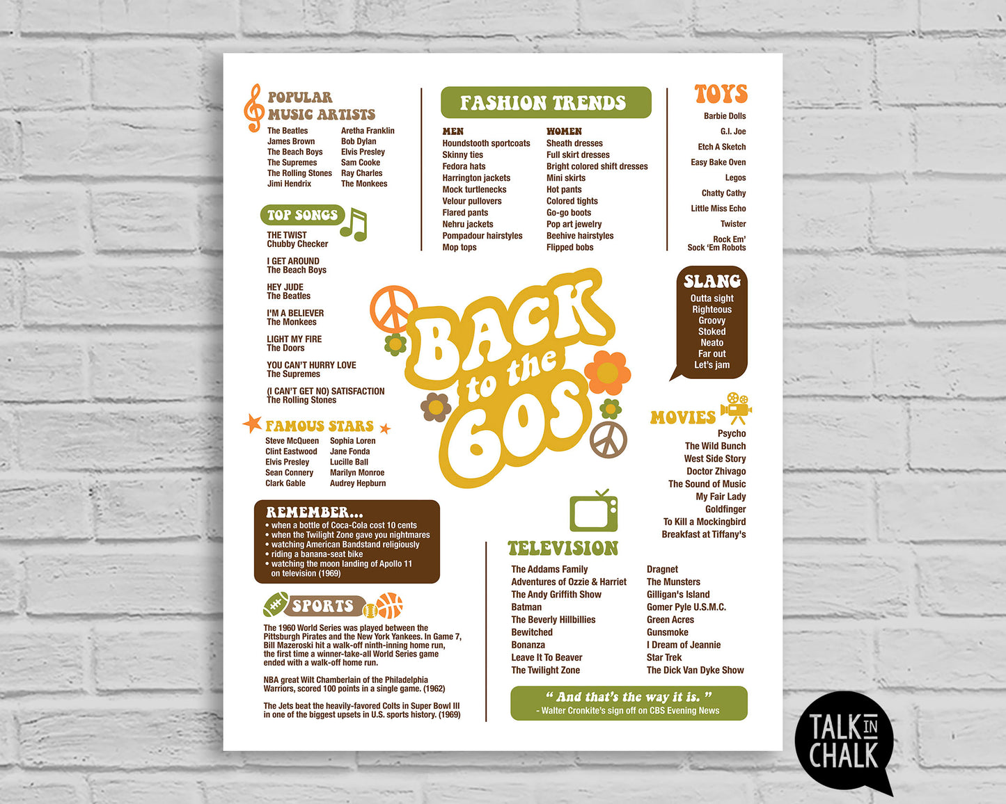 Back to the 60s Printable Poster, Printer-Friendly Sixties themed Party Decorations