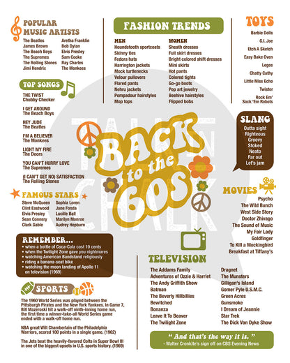 Back to the 60s Printable Poster, Printer-Friendly Sixties themed Party Decorations