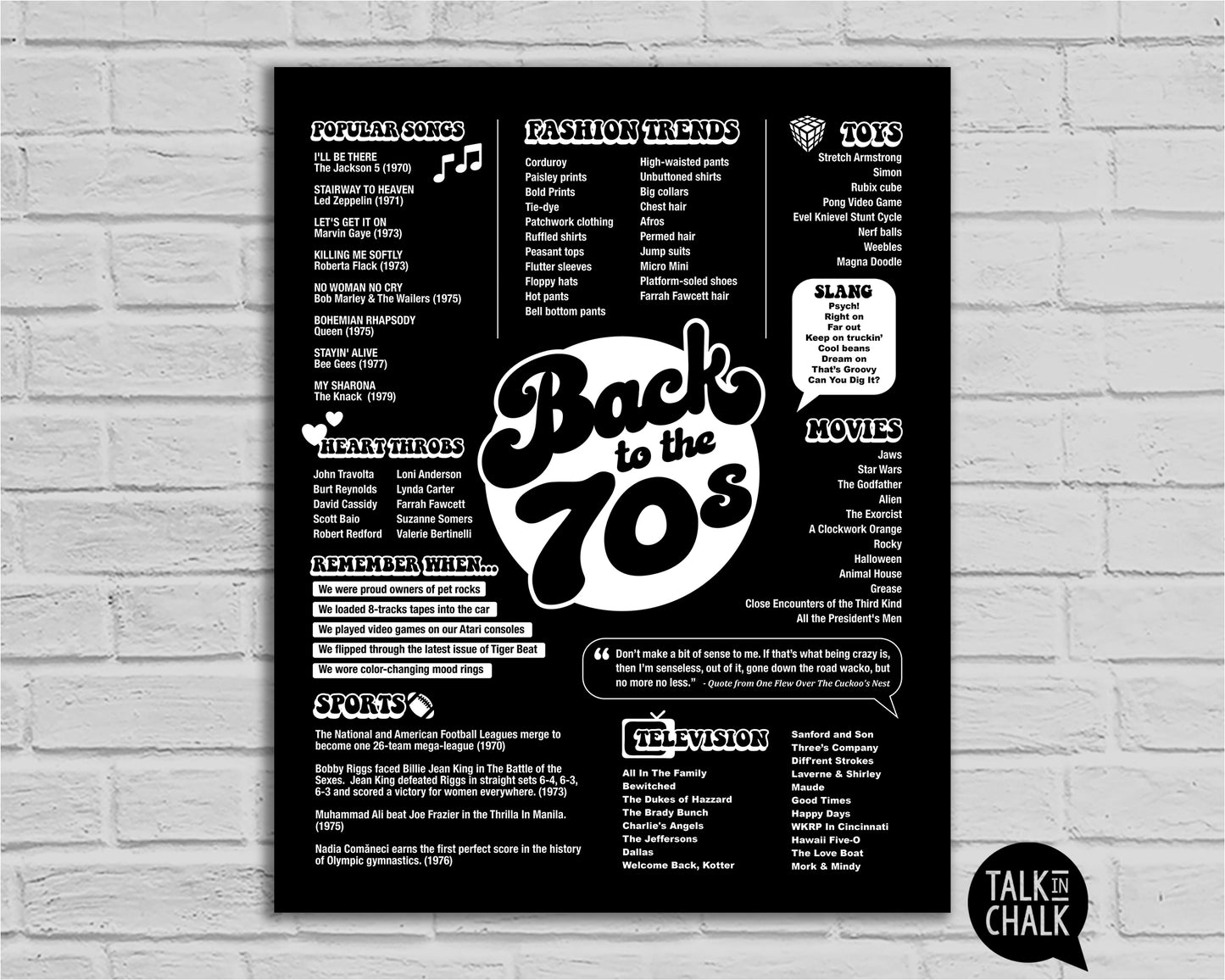 Back to the 70s Printable Poster - Black and White, Seventies Party Decor, 50 Year Reunion Ideas