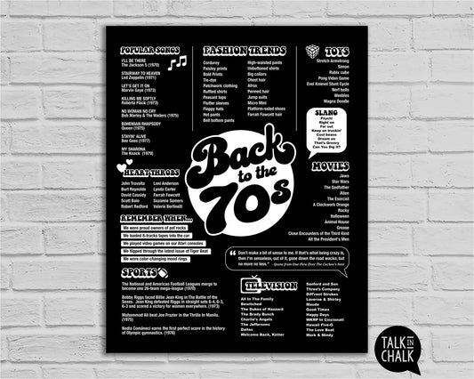 Back to the 70s Printable Poster - Black and White, Seventies Party Decor, 50 Year Reunion Ideas