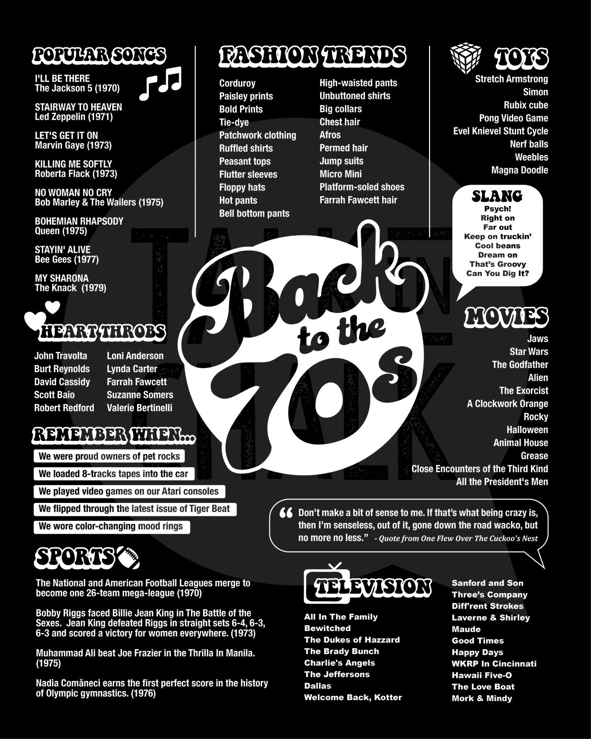 Back to the 70s Printable Poster - Black and White, Seventies Party Decor, 50 Year Reunion Ideas