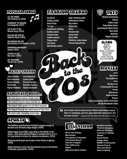 Back to the 70s Printable Poster - Black and White, Seventies Party Decor, 50 Year Reunion Ideas