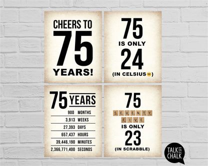 75th Birthday PRINTABLE Sign Pack - Set of 4 Signs, Instant Download
