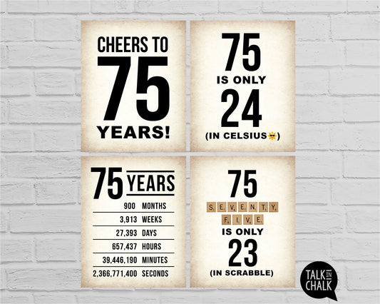 75th Birthday PRINTABLE Sign Pack - Set of 4 Signs, Instant Download