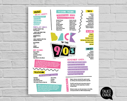 Back to the 90s Printable Poster, Printer Friendly Nineties themed Party Decor