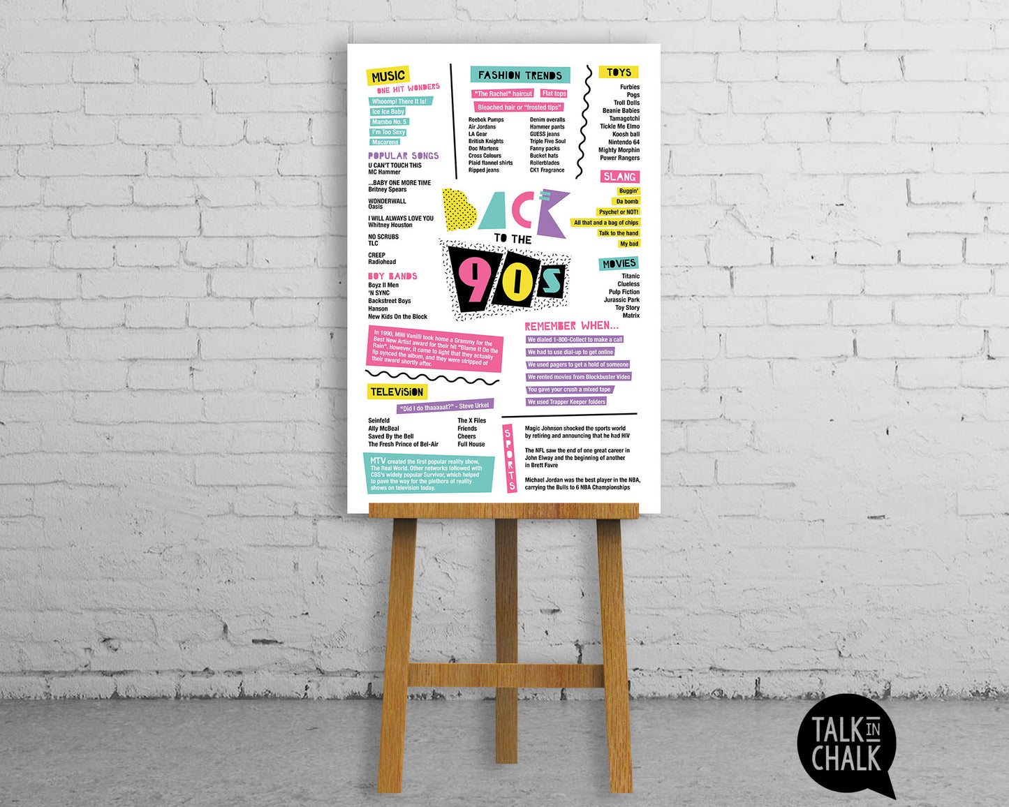 Back to the 90s Printable Poster, Printer Friendly Nineties themed Party Decor