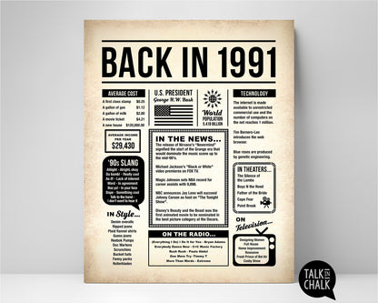 Back in 1991 Printable Newspaper Poster for Birthday, Anniversary, Reunion, Gift for History Buff