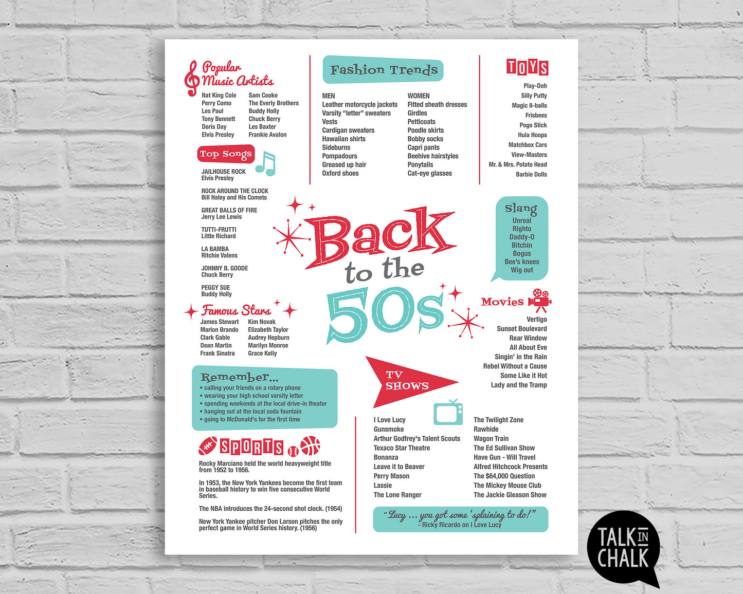 Back to the 50s Printable Poster, Fifties themed Party Decorations, Retro 50s Wall Art