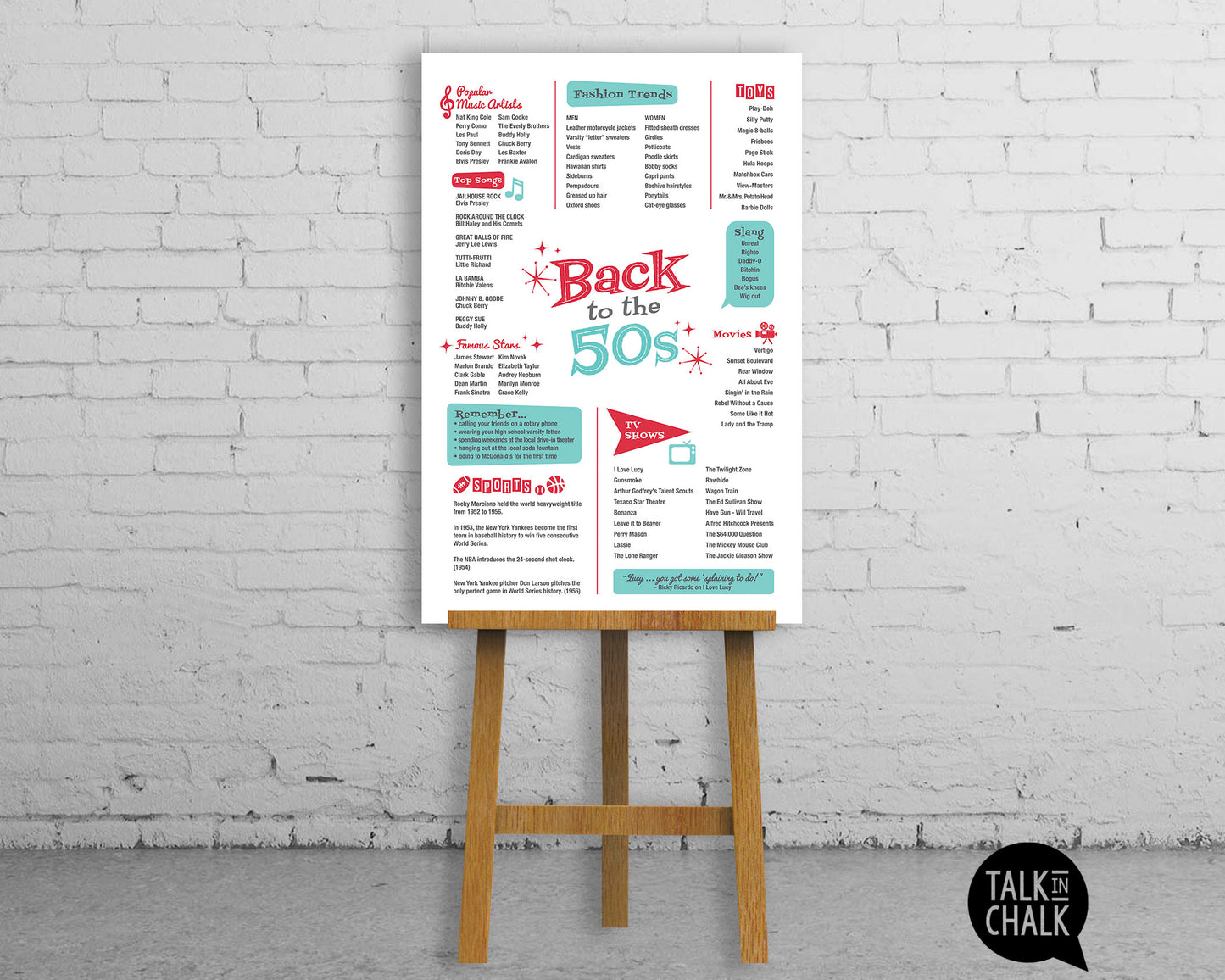 Back to the 50s Printable Poster, Fifties themed Party Decorations, Retro 50s Wall Art
