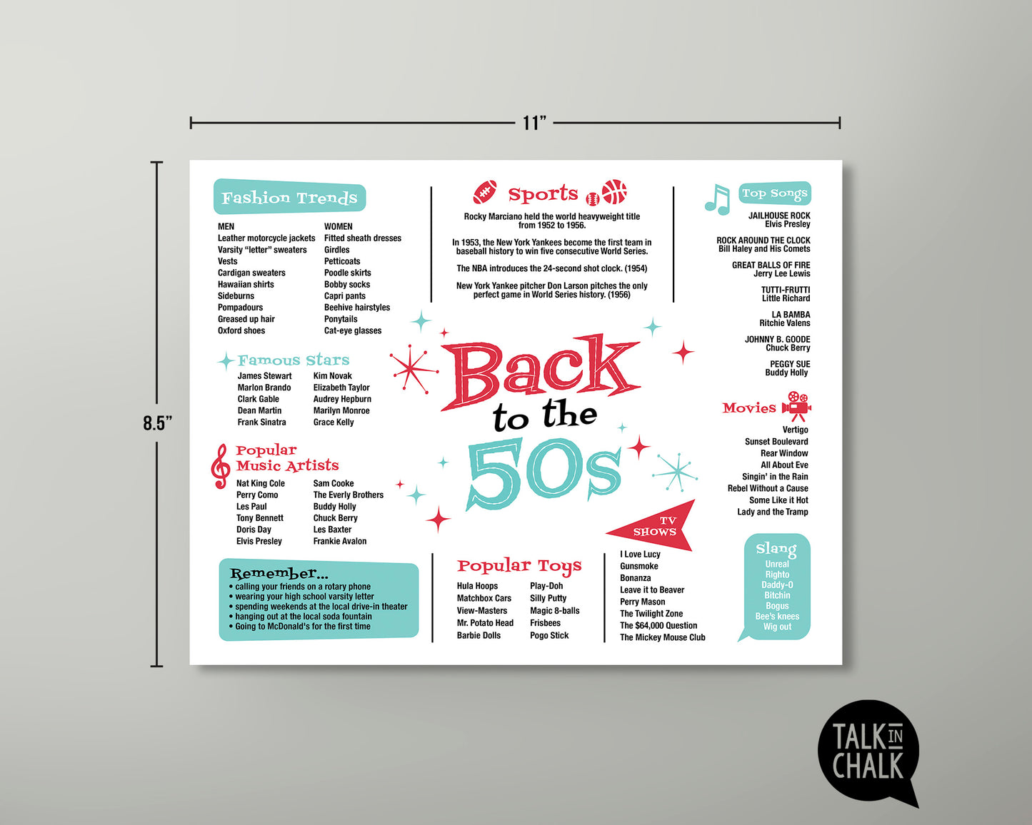 Back to the 50s Printable Placemat, Digital Download, Fun Facts 1950s, Nifty Fifties Theme Party Decor
