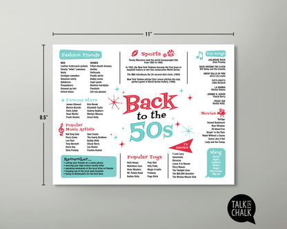 Back to the 50s Printable Placemat, Digital Download, Fun Facts 1950s, Nifty Fifties Theme Party Decor