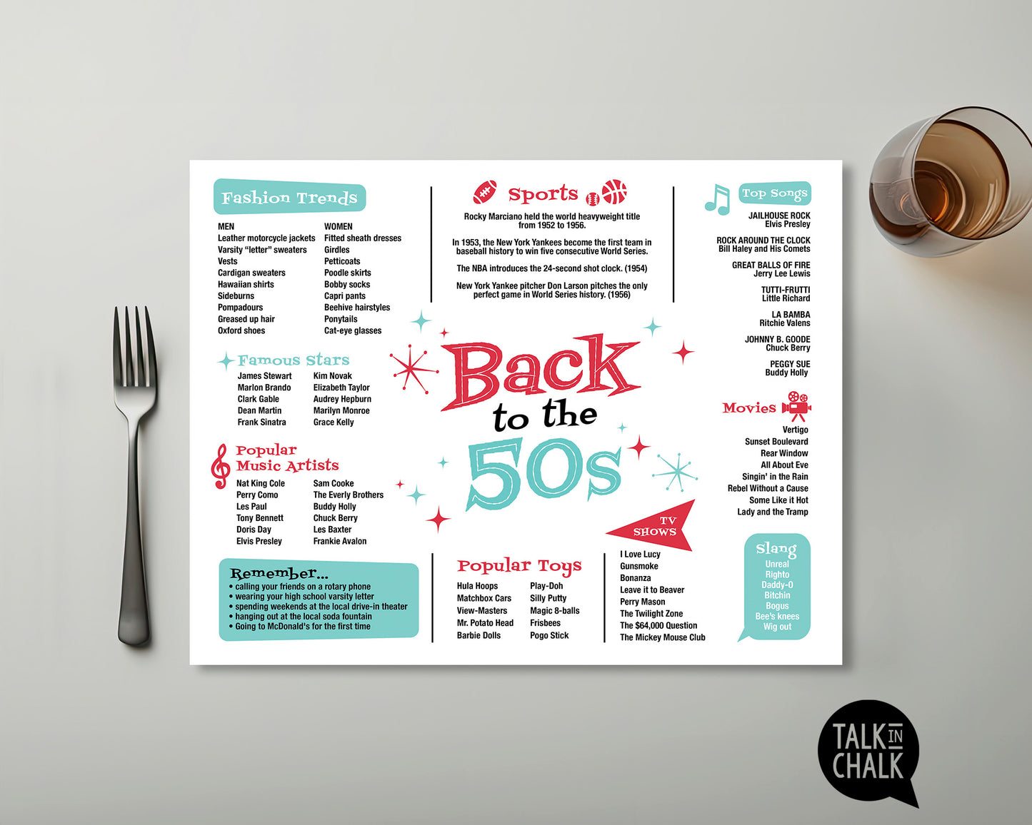 Back to the 50s Printable Placemat, Digital Download, Fun Facts 1950s, Nifty Fifties Theme Party Decor