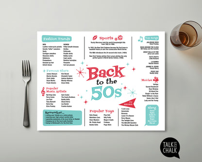 Back to the 50s Printable Placemat, Digital Download, Fun Facts 1950s, Nifty Fifties Theme Party Decor