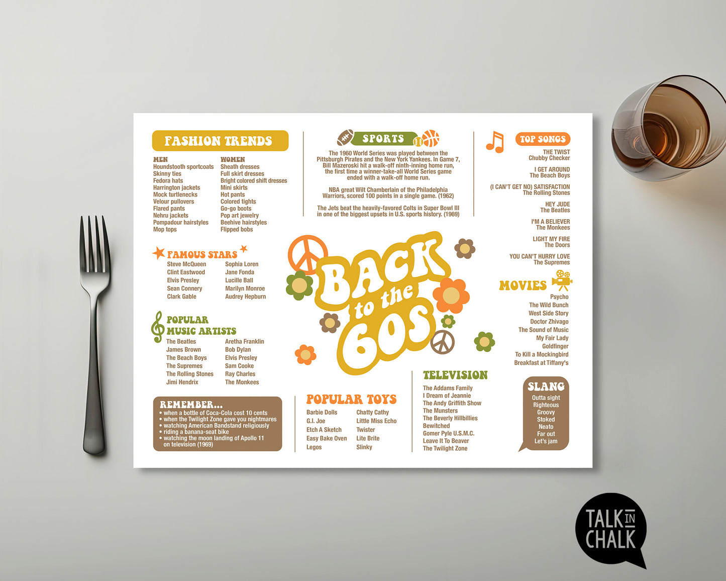 Back to the 60s Printable Placemat, Digital Download, Fun Facts 1960s, Groovy Sixties Theme Party Decor
