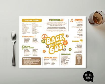 Back to the 60s Printable Placemat, Digital Download, Fun Facts 1960s, Groovy Sixties Theme Party Decor