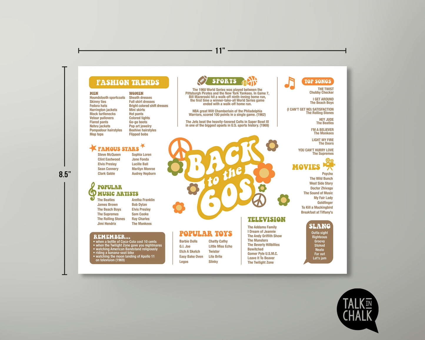 Back to the 60s Printable Placemat, Digital Download, Fun Facts 1960s, Groovy Sixties Theme Party Decor