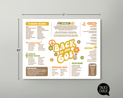 Back to the 60s Printable Placemat, Digital Download, Fun Facts 1960s, Groovy Sixties Theme Party Decor