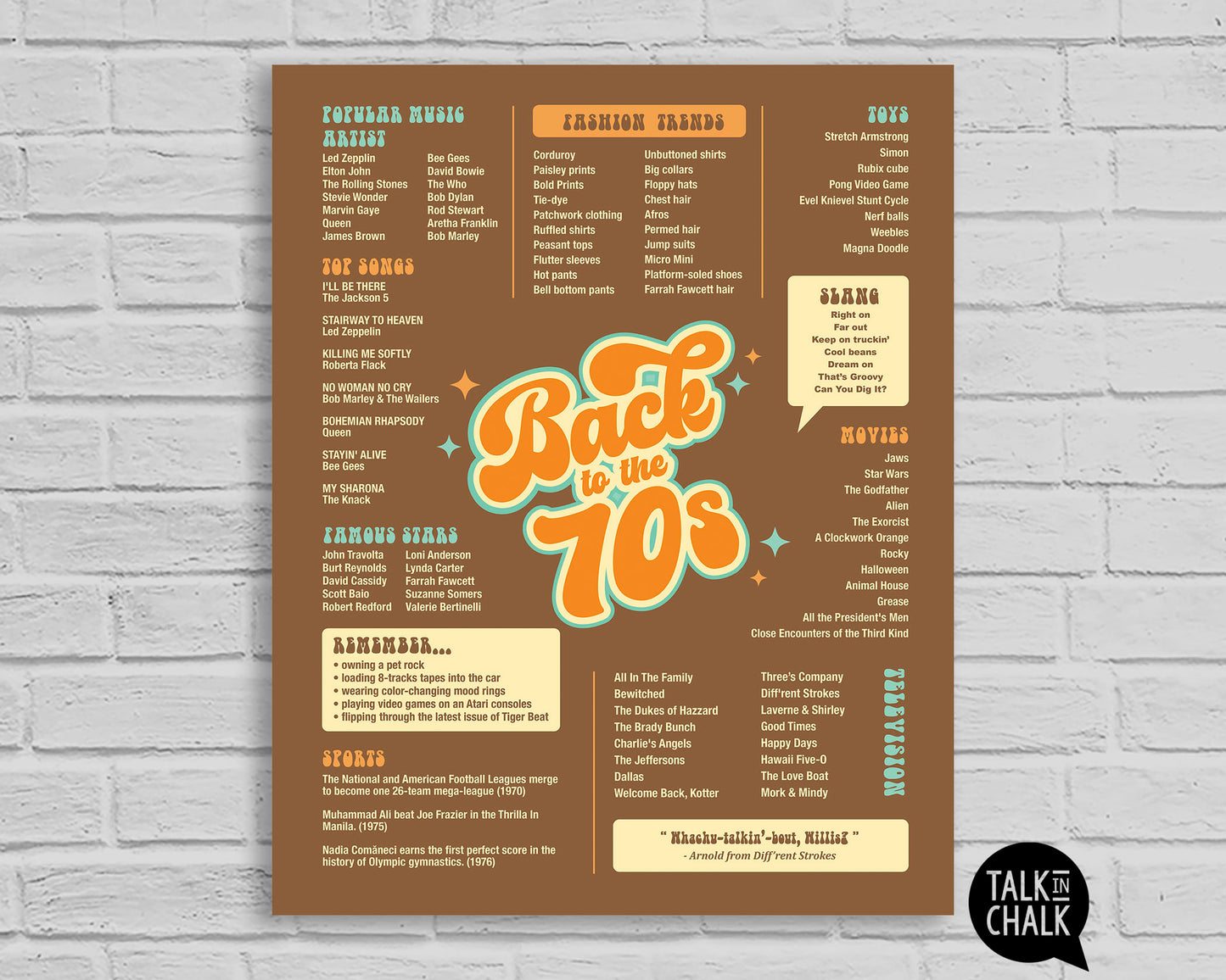 Back to the 70s Printable Poster, Seventies themed Party Decor, 50 Year Reunion Ideas
