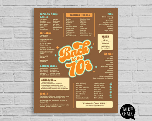 Back to the 70s Printable Poster, Seventies themed Party Decor, 50 Year Reunion Ideas