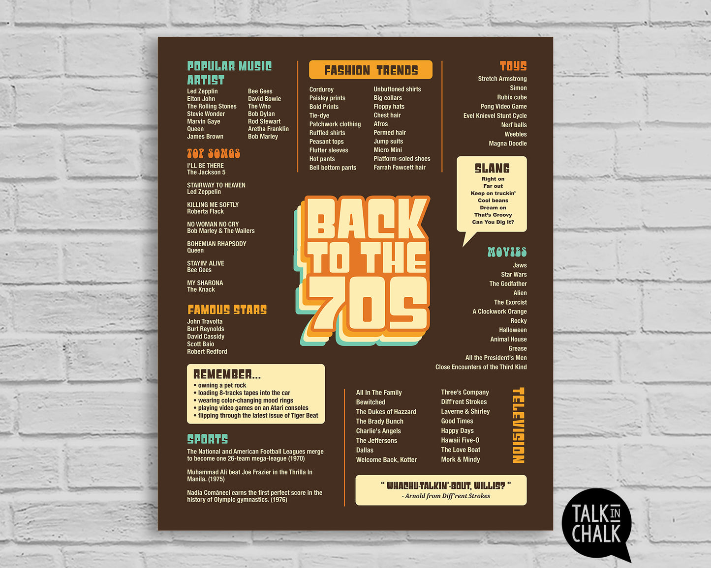 Back to the 70s Printable Poster, Seventies themed Party Decor, 50 Year Reunion Ideas
