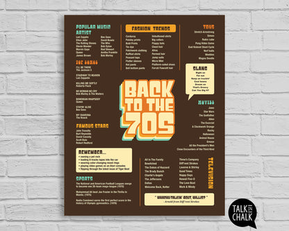 Back to the 70s Printable Poster, Seventies themed Party Decor, 50 Year Reunion Ideas