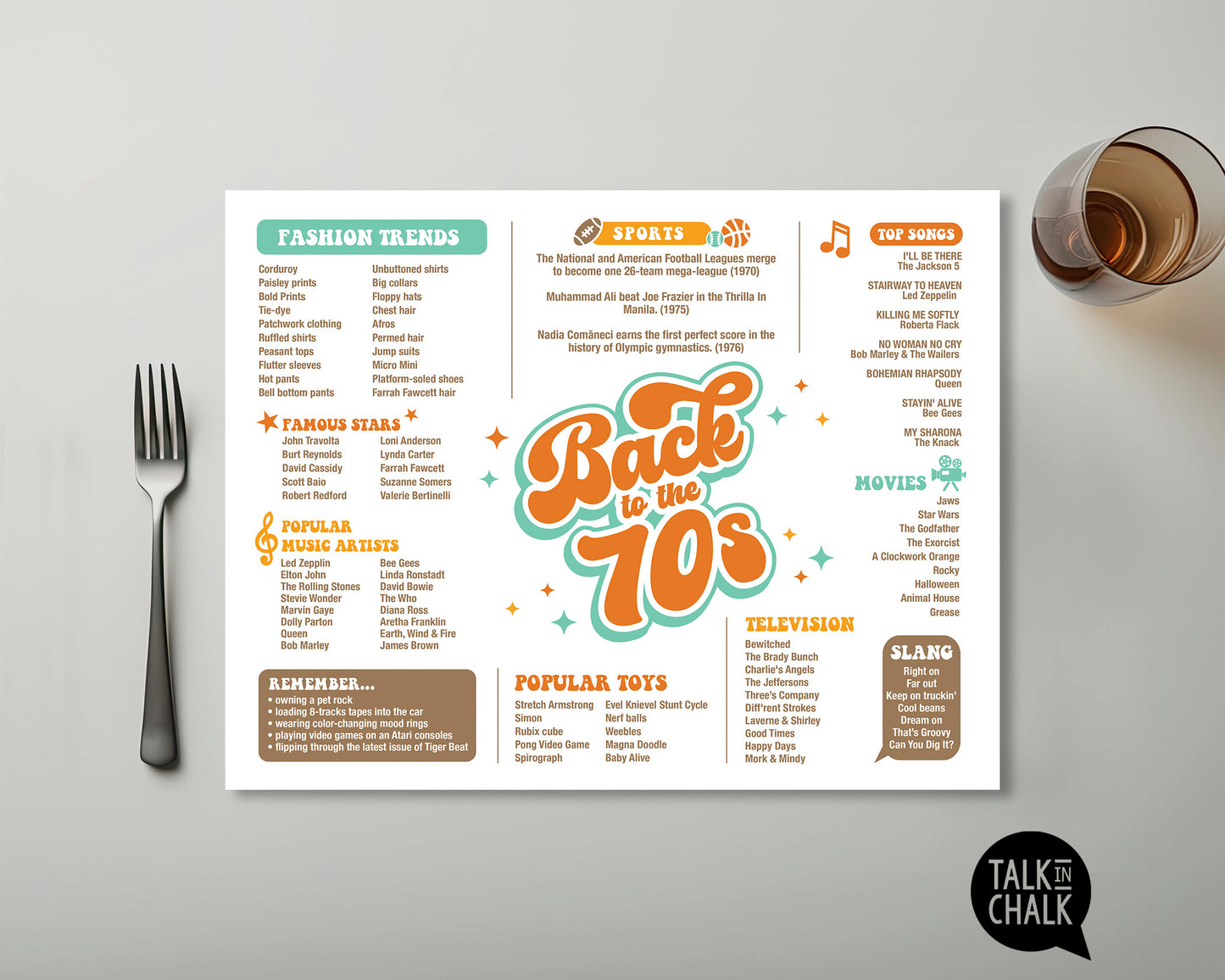Back to the 70s Printable Placemat, Digital Download, Fun Facts 1970s, Groovy Seventies Theme Party Decor