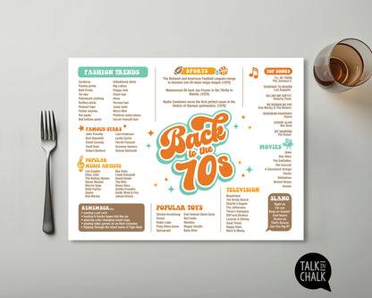 Back to the 70s Printable Placemat, Digital Download, Fun Facts 1970s, Groovy Seventies Theme Party Decor