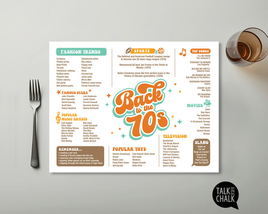 Back to the 70s Printable Placemat, Digital Download, Fun Facts 1970s, Groovy Seventies Theme Party Decor
